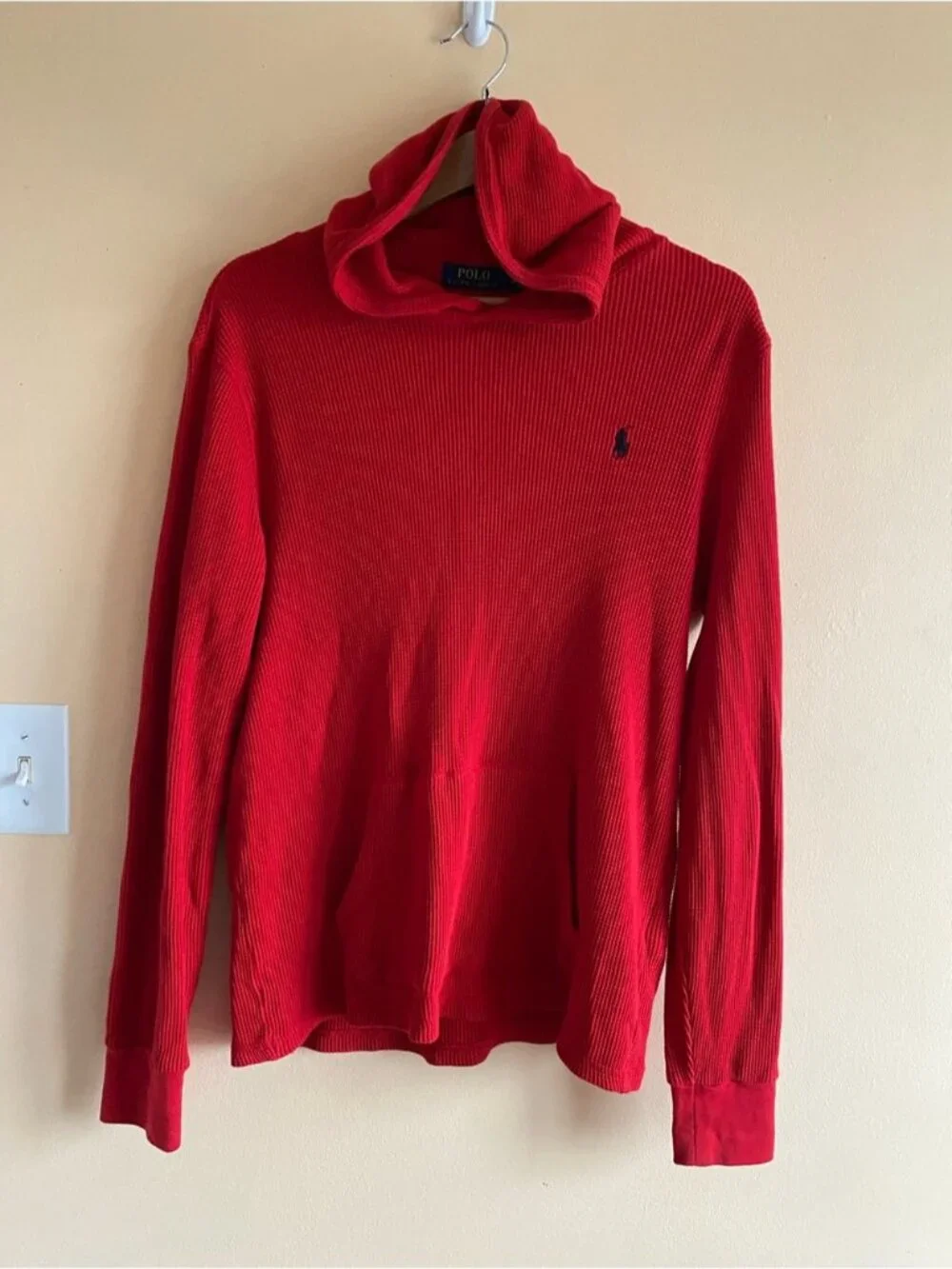 Polo Ralph Lauren Waffle Knit Hoodie Men Medium Red Shirt Cotton Pony Logo FLAW